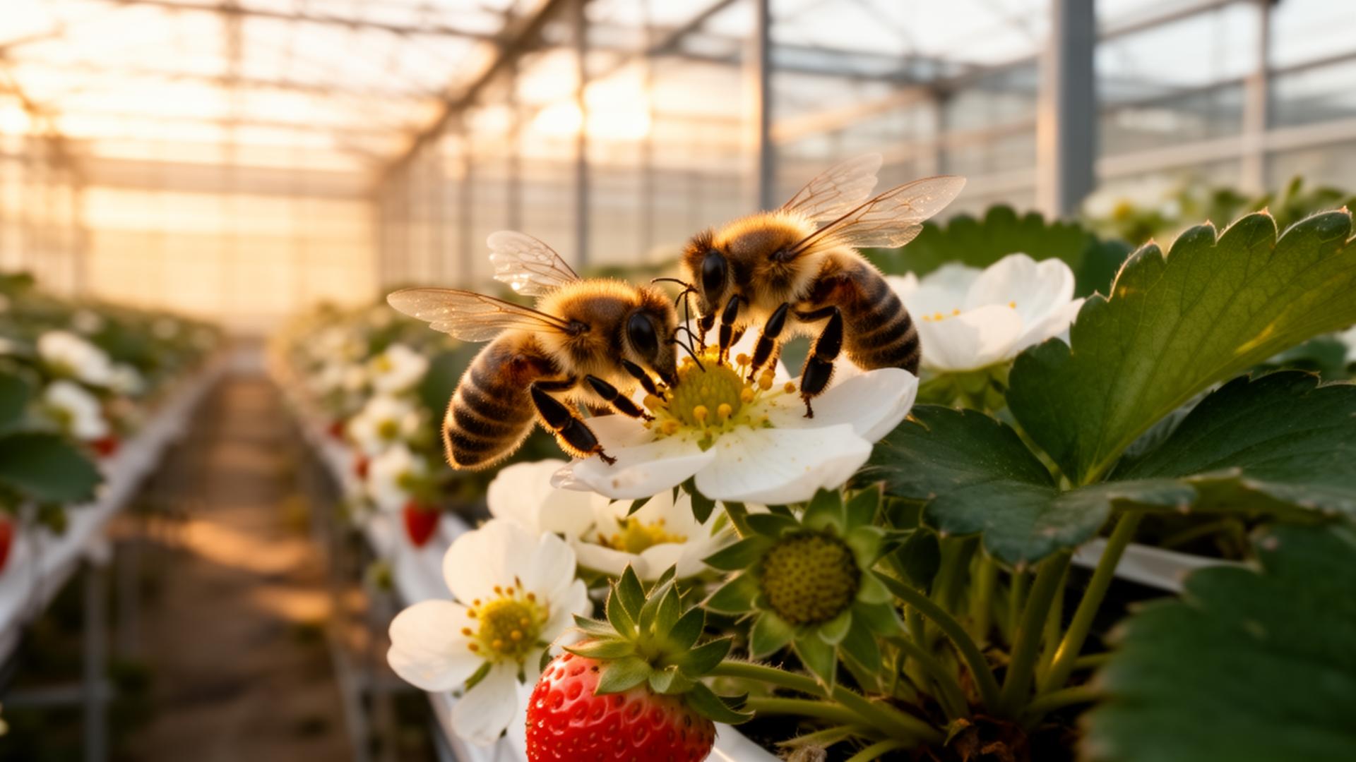 Honingbijen bestuiven aardbeibloesem in een kas